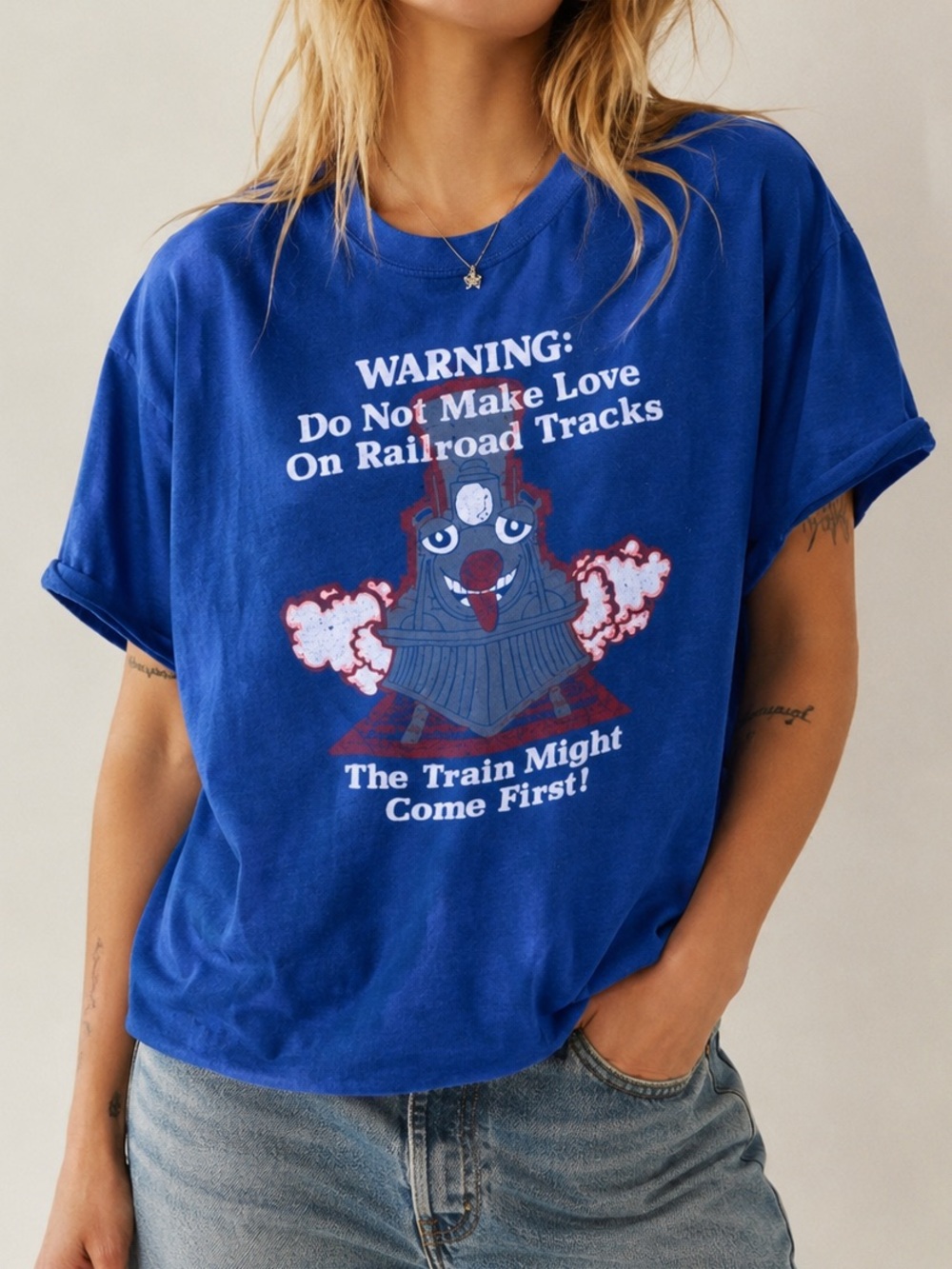 Vintage 80s Single Stitch Railroad Train Humor Graphic T Shirt XL Blue